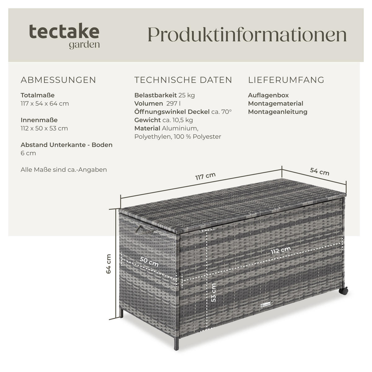AUFLAGENBOX Kuusamo,117 x 54 x 64 cm,grau - Grau, Kunststoff (54.5/63/117cm) - tectake