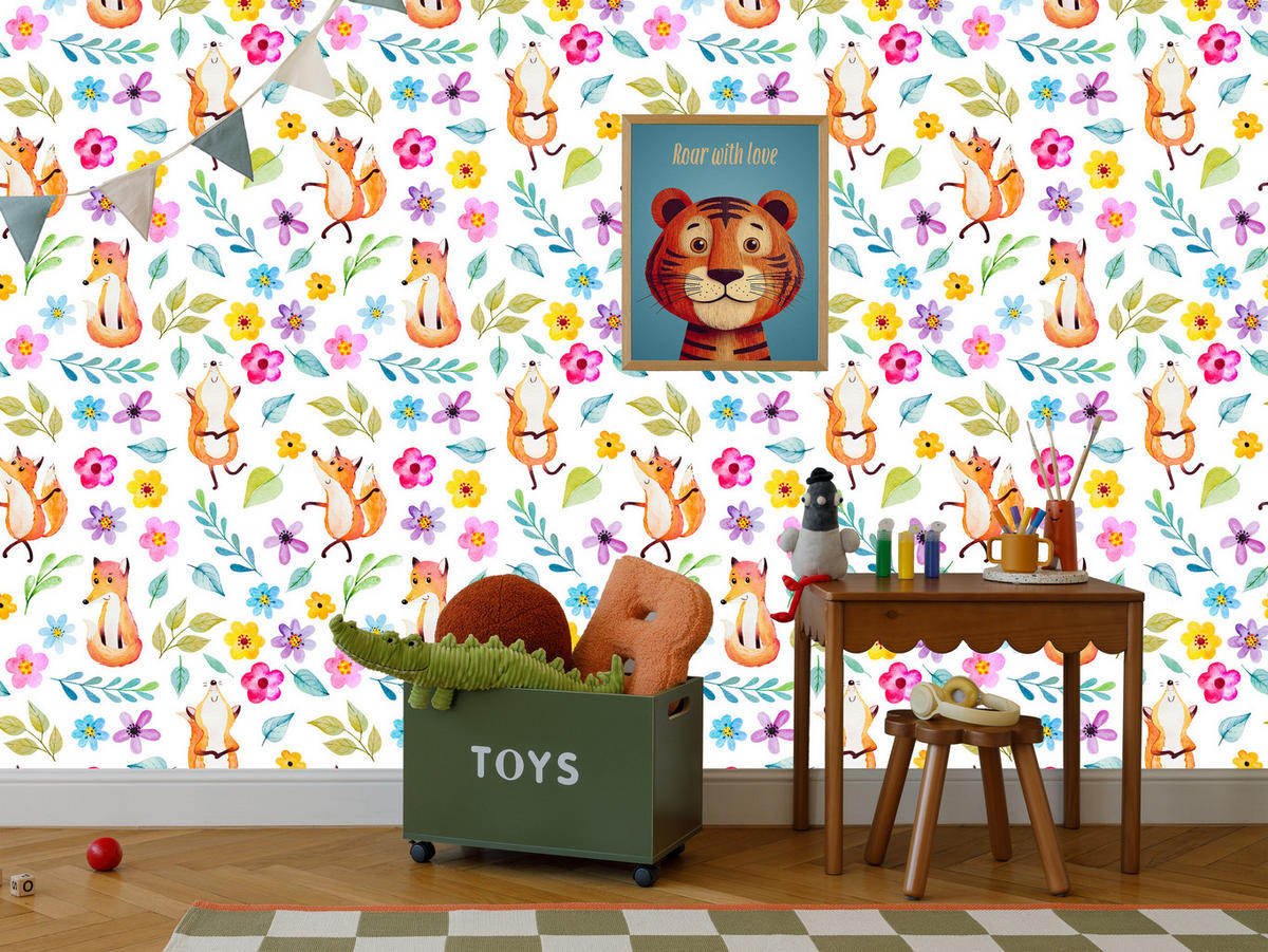 VLIESTAPETE Füchse und Wiesenblumen – Orange, Bunt, Weiß – 50x1000 cm - Multicolor/Orange, Papier (50/1000cm) - Muralo