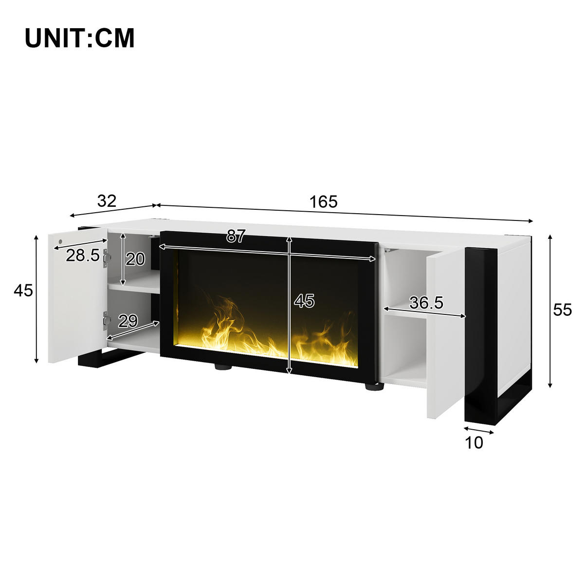 TV stolek 165/32/55 cm s elektrickým krbem, vysoký lesk a úložný prostor, Bílá/Černá - černá, kompozitní dřevo (165/55/32cm) - Redom