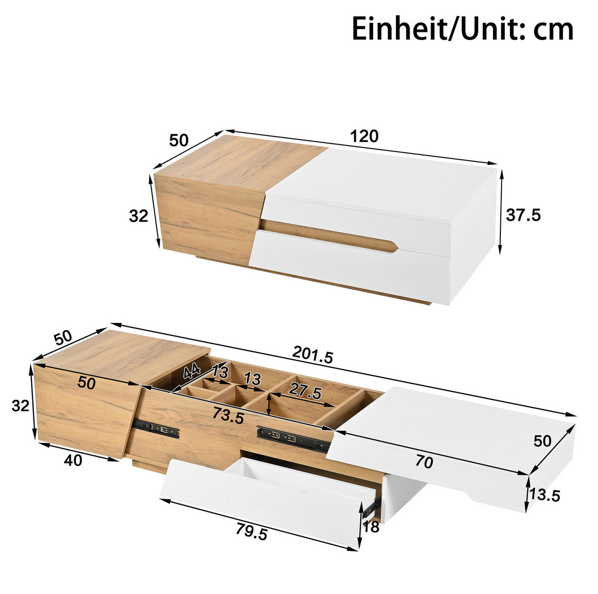 COUCHTISCH aus MDF mit verschiebbarem Stauraum und 2 Schubladen, 120/50/37,5 cm, weiß und natur - Weiß, Holzwerkstoff (120/50/37.5cm) - Redom
