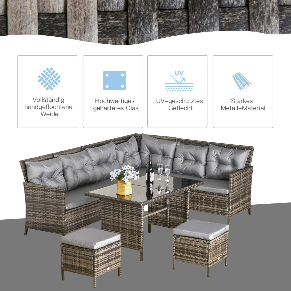GARTENSET Lounge, Polyrattan, Grau - Grau, Kunststoff - Outsunny