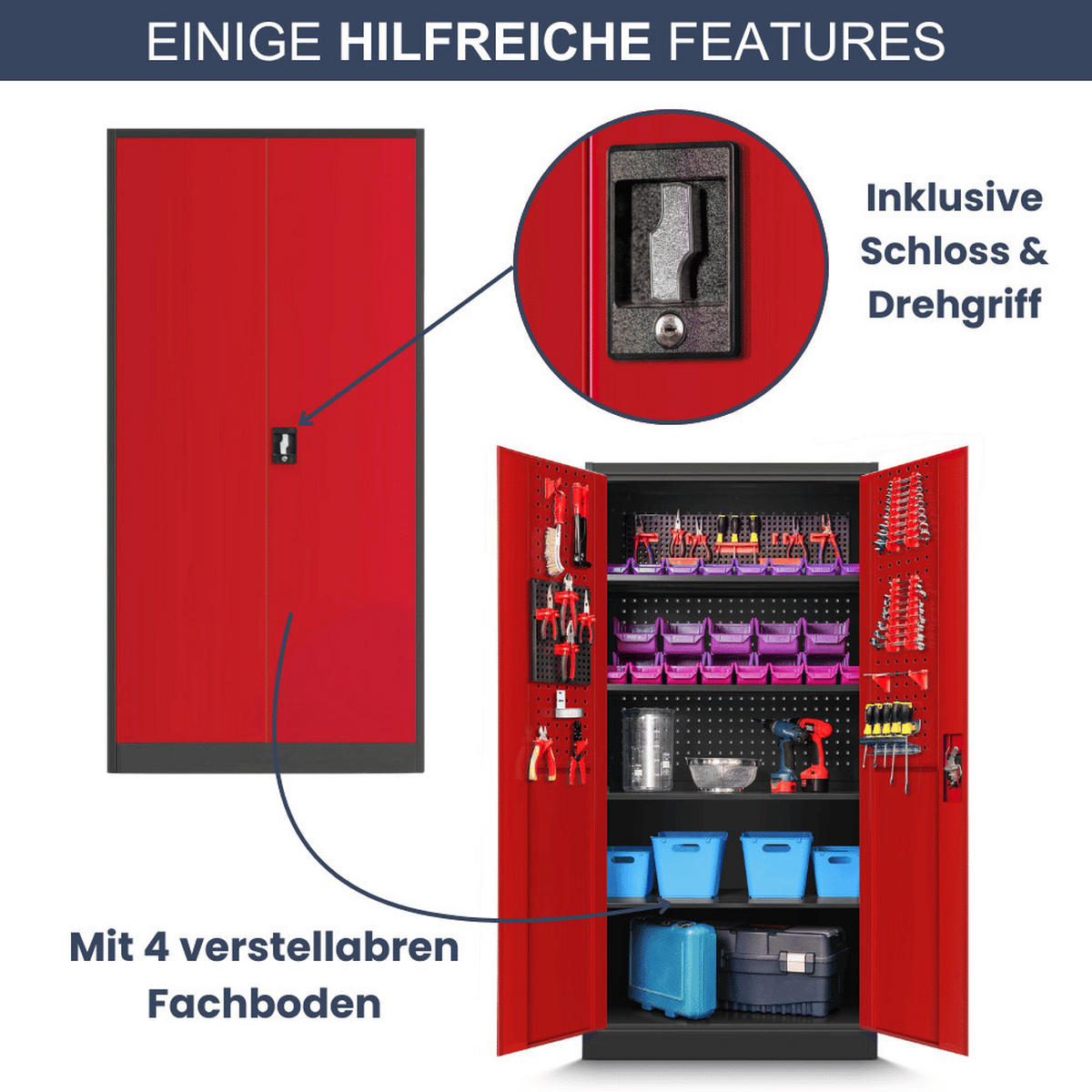 WERKZEUGSCHRANK mit Lochwand BRUNO 185x92x50cm Anthrazit-Rot - Rot, Metall (92/185/50cm) - Jan Nowak