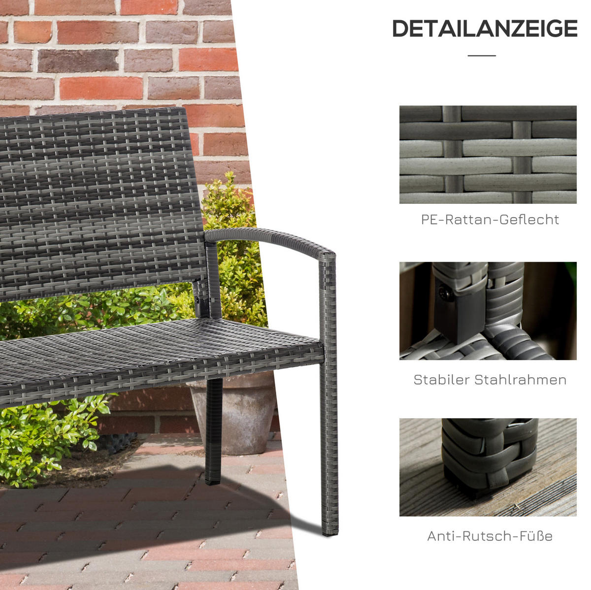 ZAHRADNÍ lavice z oceli a polyratanu 122x60x85 cm šedá pro 2 osoby s vysokou stabilitou a snadnou montáží - šedá, kov (122/85/60cm) - Modfu