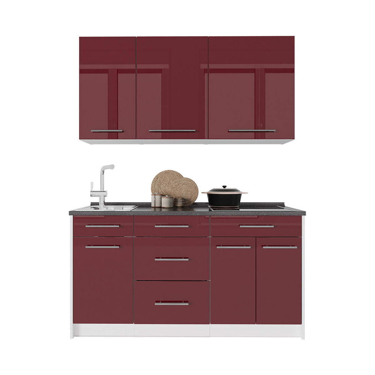 SINGLEKÜCHE Fame-Line, Bordeaux Hochglanz/Weiß, 150 cm, AP Eiche - Bordeaux/Weiß, Holzwerkstoff (150/82/60cm) - Vicco