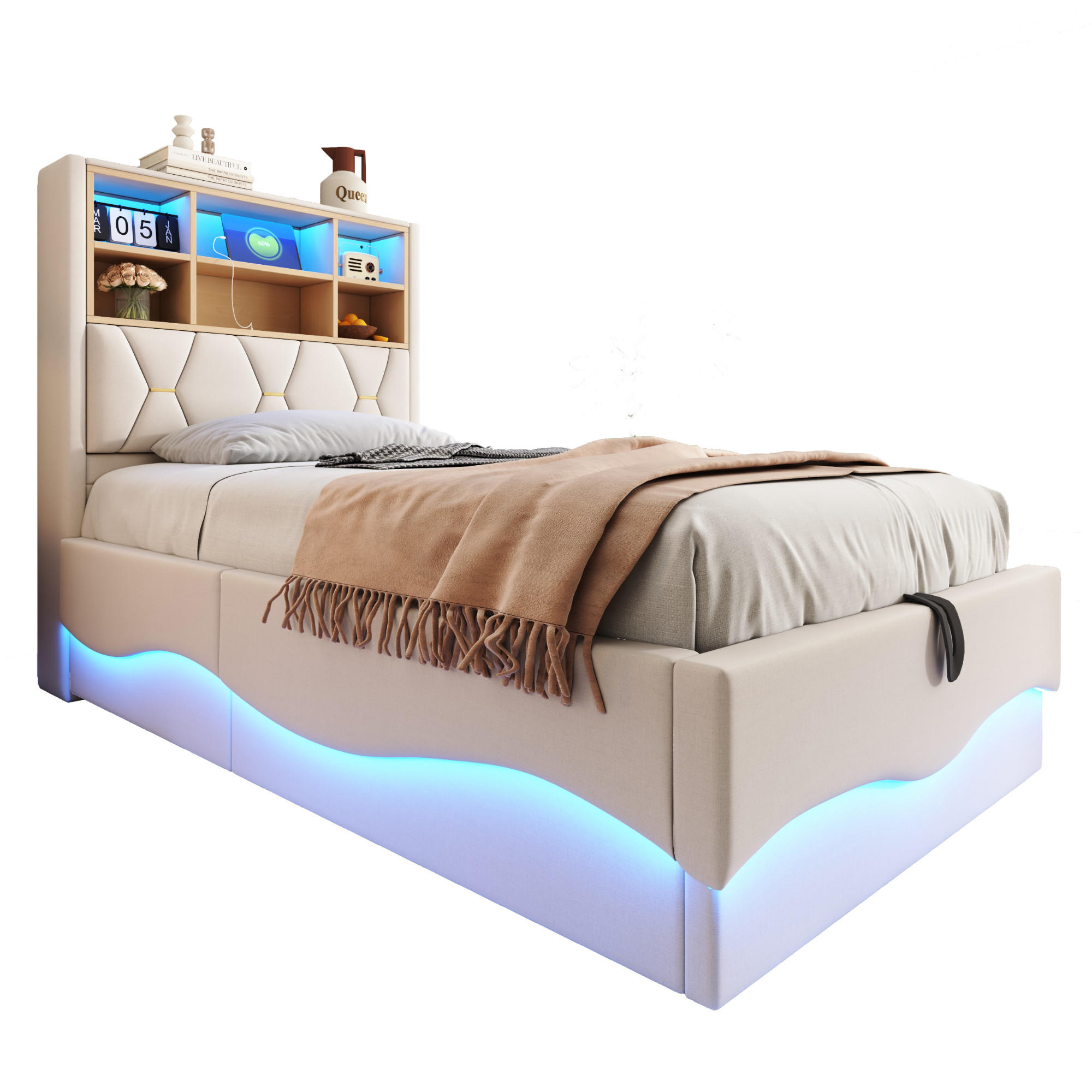 POLSTERBETT 90x200 cm mit LED, USB, Stauraum, Leinen, Beige - Beige, Holz (90/200cm)