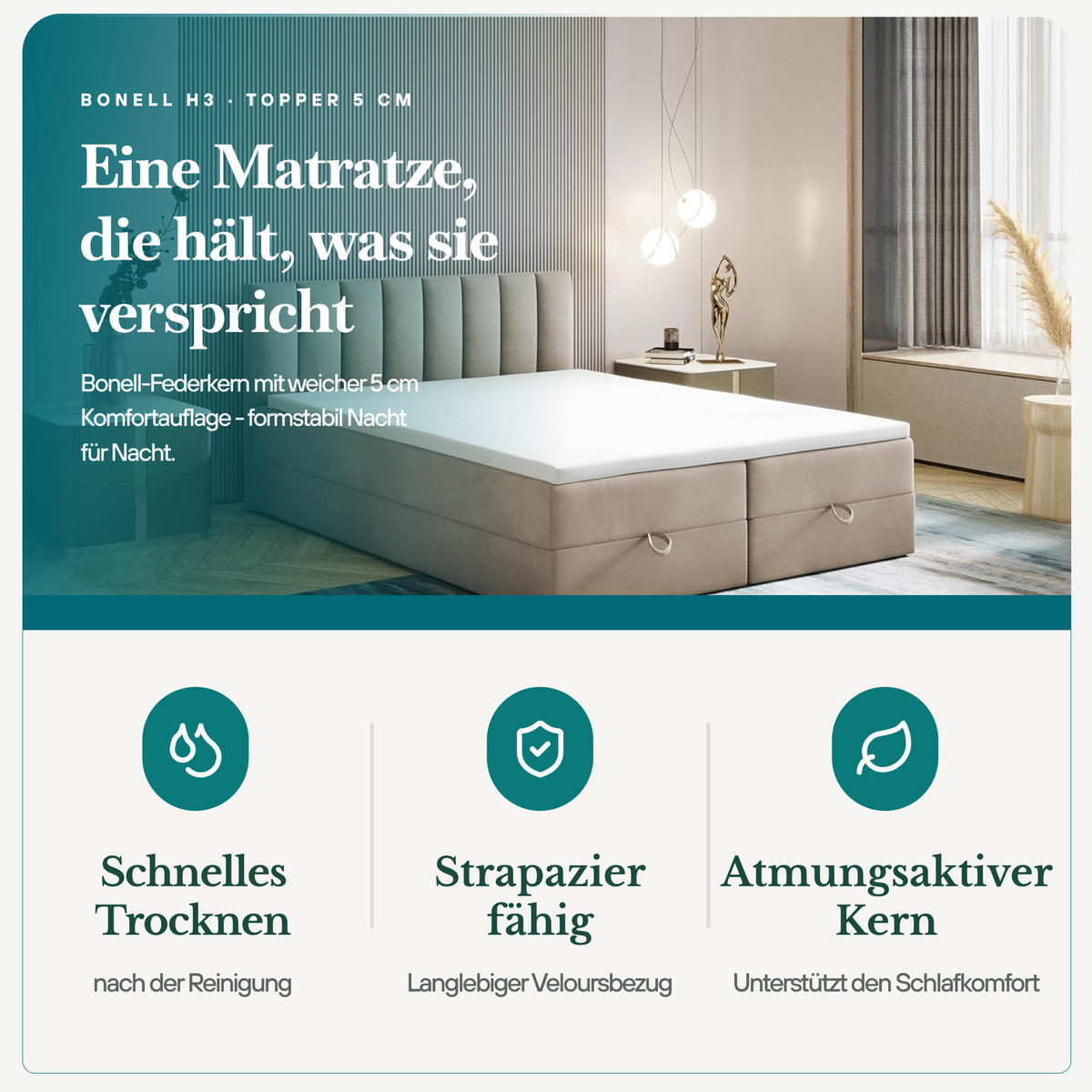 BOXBETT 200 x 200 cm mit Bonellmatratze H3, CITY, Elegant gestepptes Kopfteil und Topper 5cm, Bettkasten, Grau - Grau, Holzwerkstoff/Kunststoff (200/200cm) - Trada