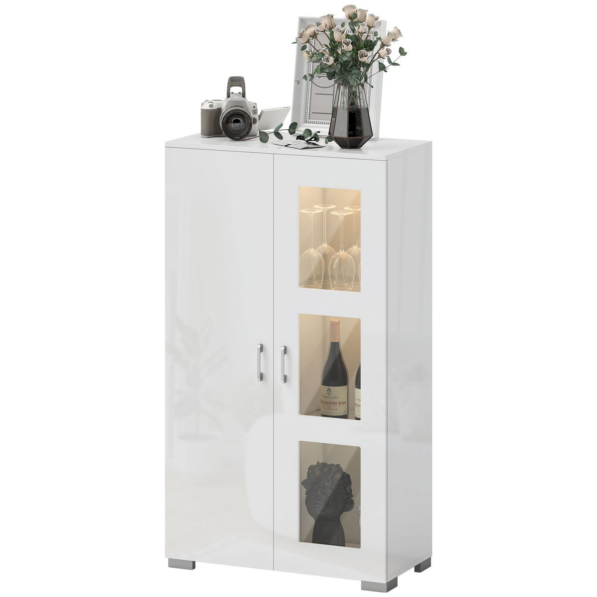 HIGHBOARD Weiß mit LED-Beleuchtung und Glastüren 71/35/126 cm - Weiß, Holzwerkstoff (71/126/35cm) - PANGIVO