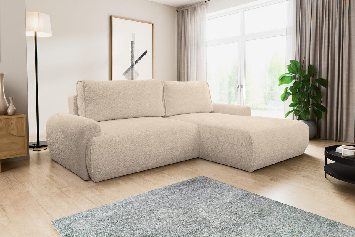 ECKSOFA Moon in L-Form mit Schlaffunktion und Bettkasten, Farbe: Hellbraun, Bouclé-Stoff, Ottomane Rechts - Hellbraun, Textil (260/136cm) - VENASI MÖBEL