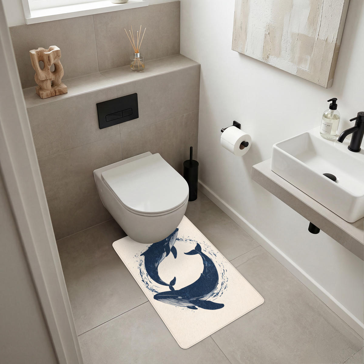 WC PŘEDLOŽKA Velryby - Stříkance - Kruh - Tmavě modrá 50x80 cm - tmavě modrá, textil/plast (50/1cm) - OnlyWow