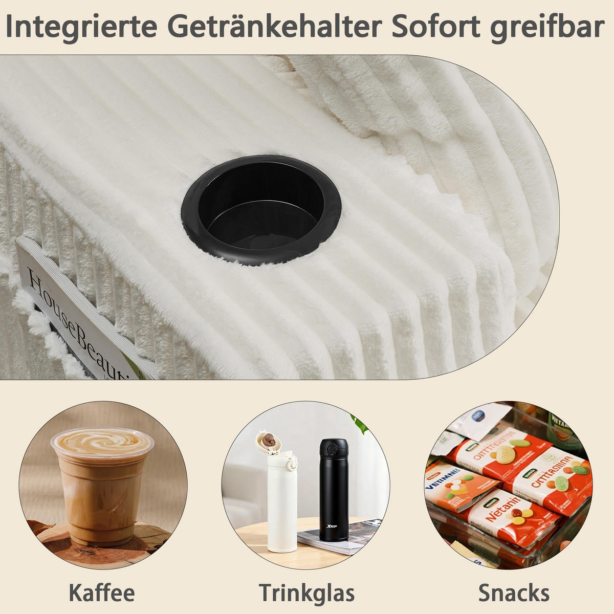 SCHLAFSOFA 186/154/78 cm Beige Cord mit seitlicher Magazintasche und Getränkehalter - Beige, Textil (186/78/154cm) - Oxeza