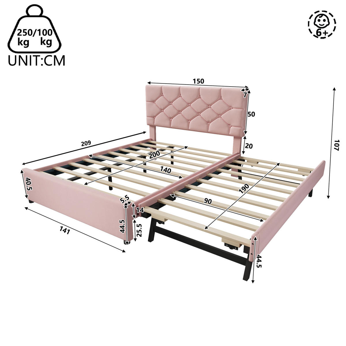 POLSTERBETT mit Rollbett 140x200 cm Samt Pink - Pink, Metall (140/200cm) - Meubliv
