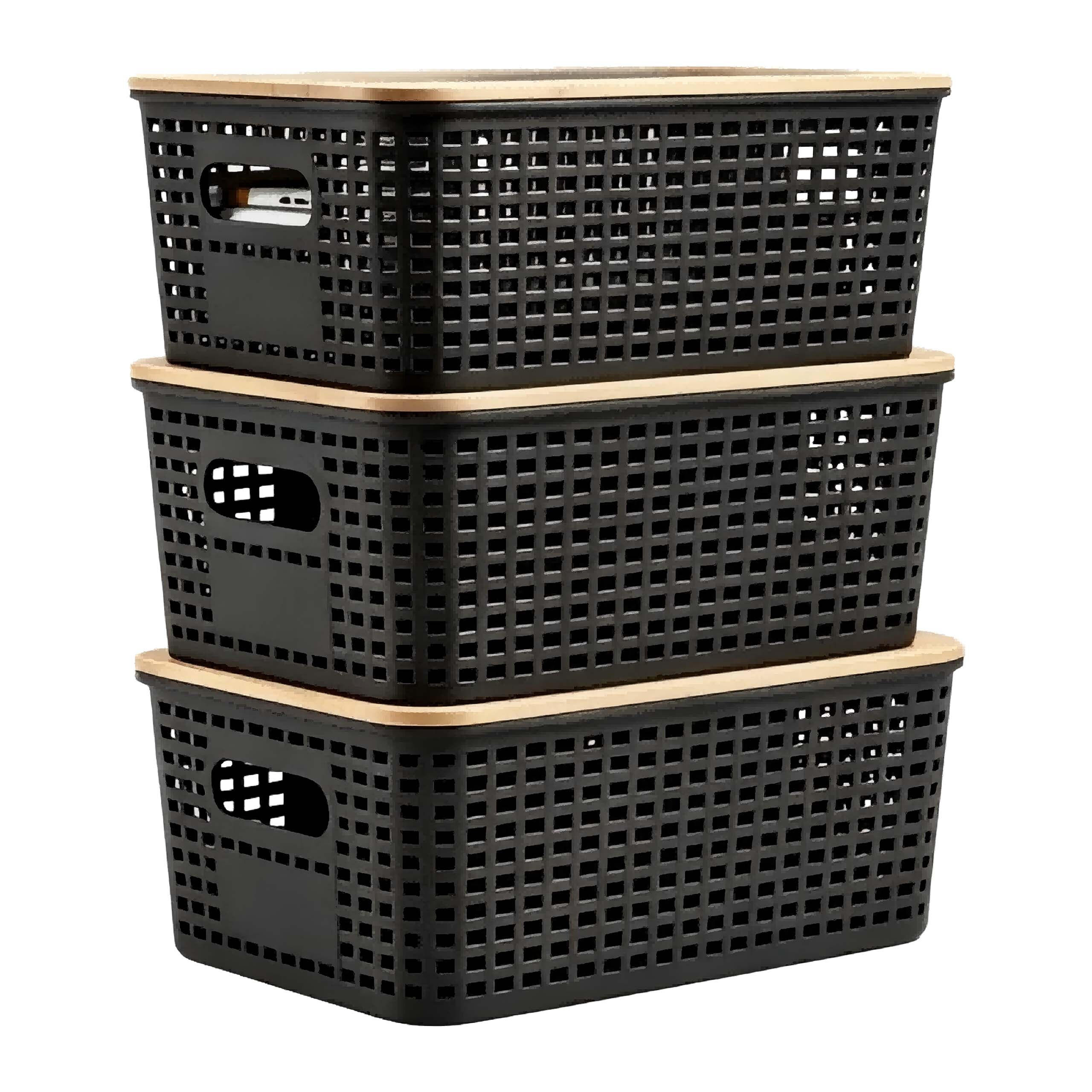 AUFBEWAHRUNGSBOXEN Schwarz 3er-Set Bambusdeckel - Schwarz, Holz/Kunststoff (25.5/11/18.5cm) - Relaxdays