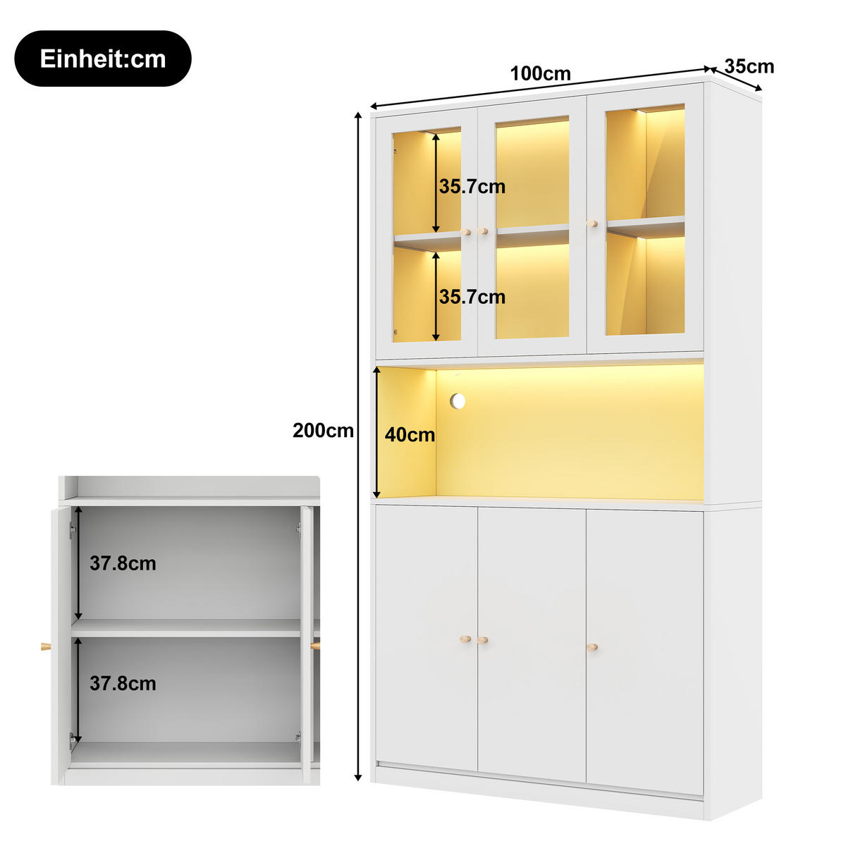 HIGHBOARD mit Glastüren 100/35/200 cm in Weiß mit LED-Beleuchtung - Weiß, Holzwerkstoff (100/200/35cm) - BEAOK