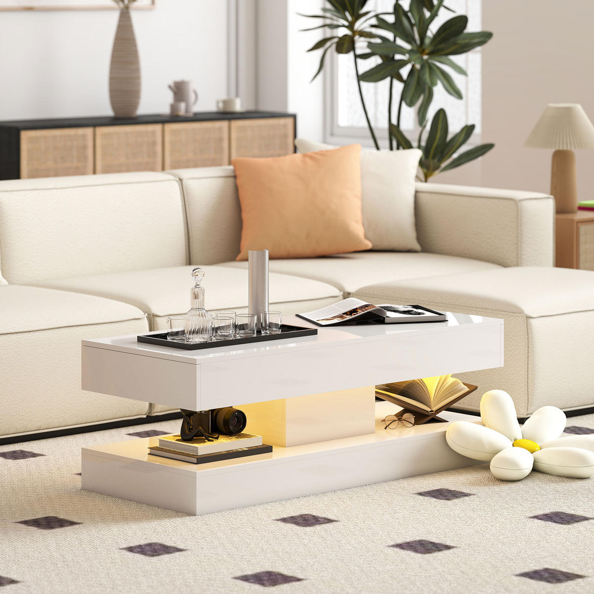 COUCHTISCH DE-08764 mit LED-Lichtern & 2 Schubladen Weiß - Weiß, Holzwerkstoff (120/50/42cm) - ComfortXL