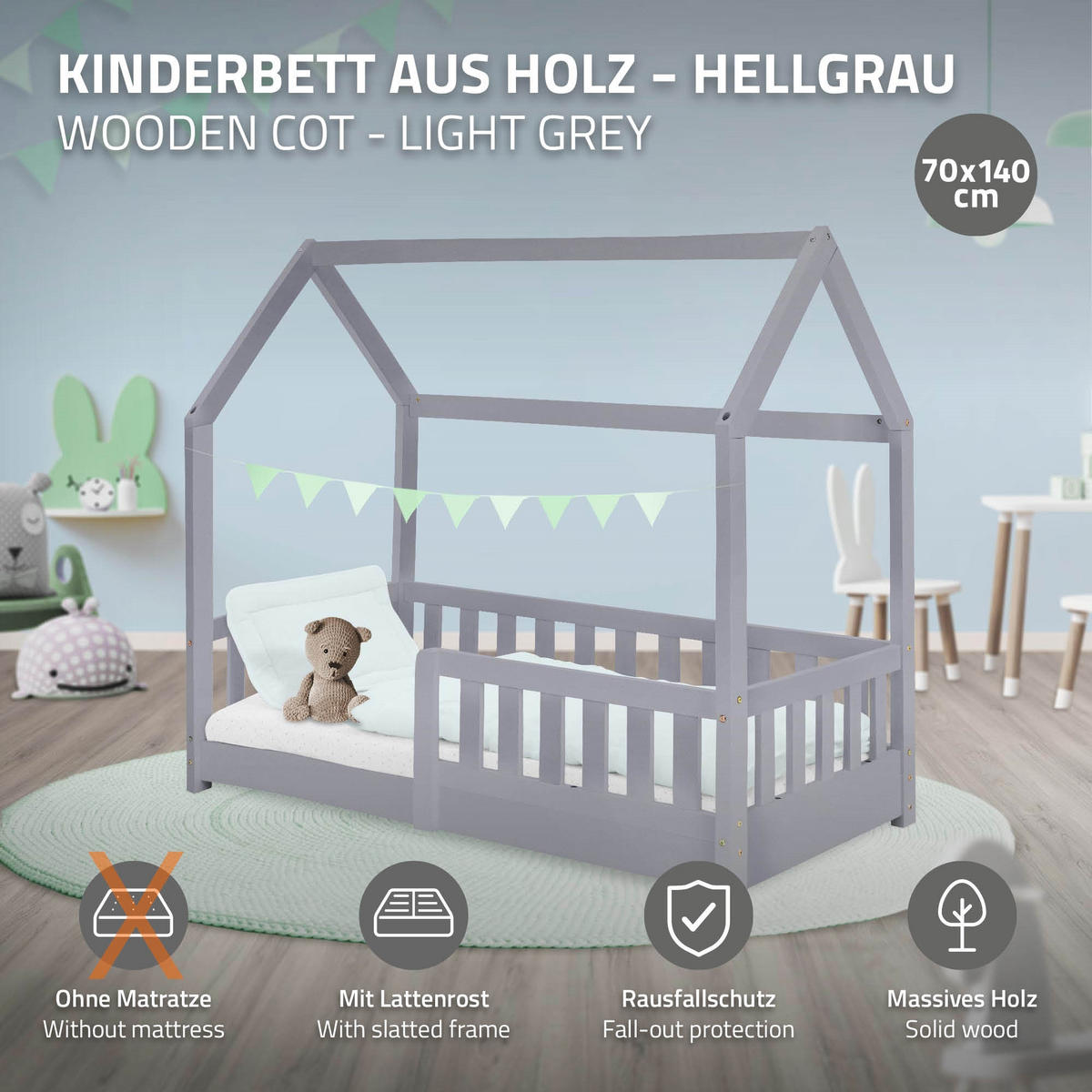 KINDERBETT mit Dach 70x140 cm Hellgrau - Hellgrau, Holz (70/140cm) - ML-DESIGN