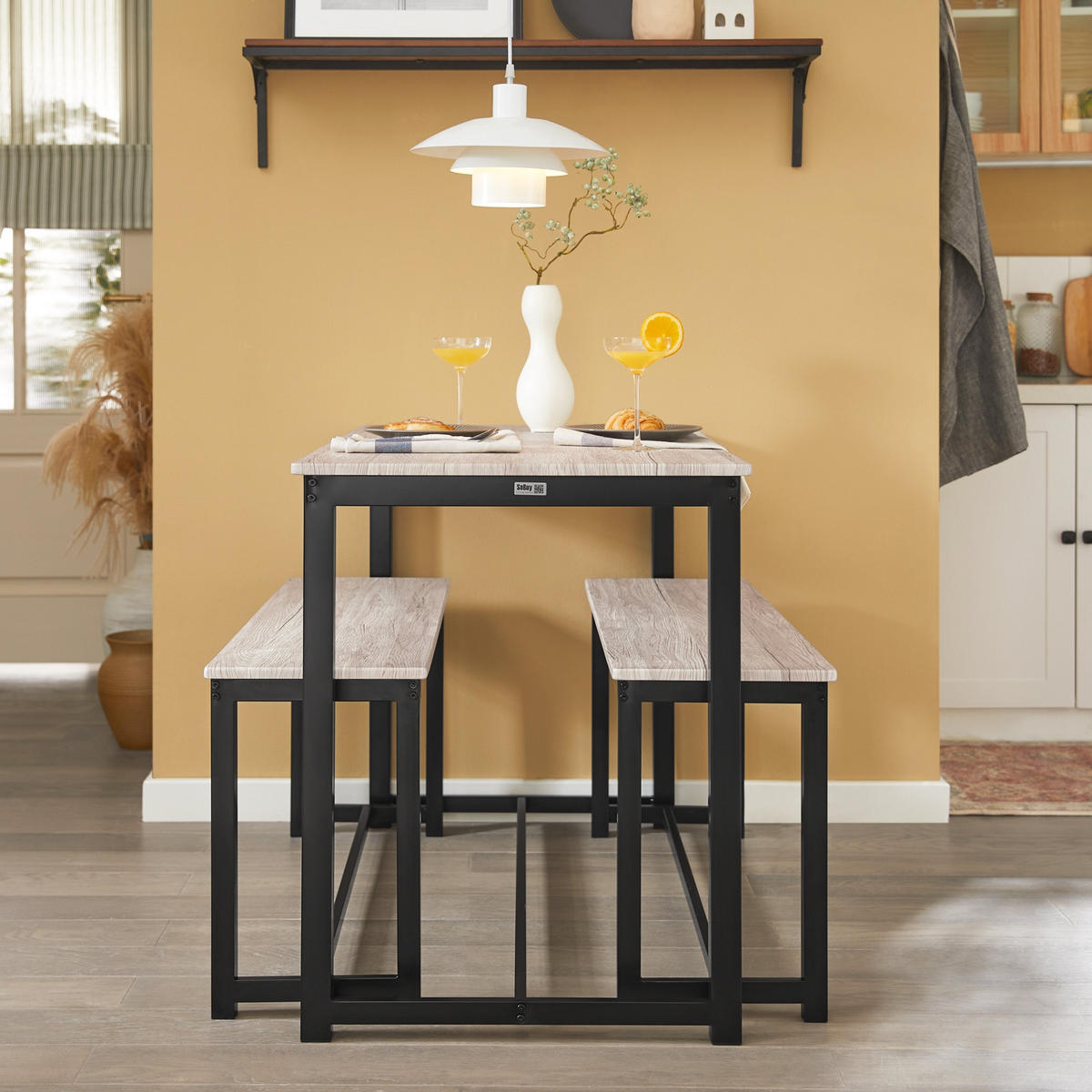 ESSTISCH + 2 x SITZBÄNKE - Naturfarben, Holzwerkstoff/Metall (110/74/58cm) - SoBuy