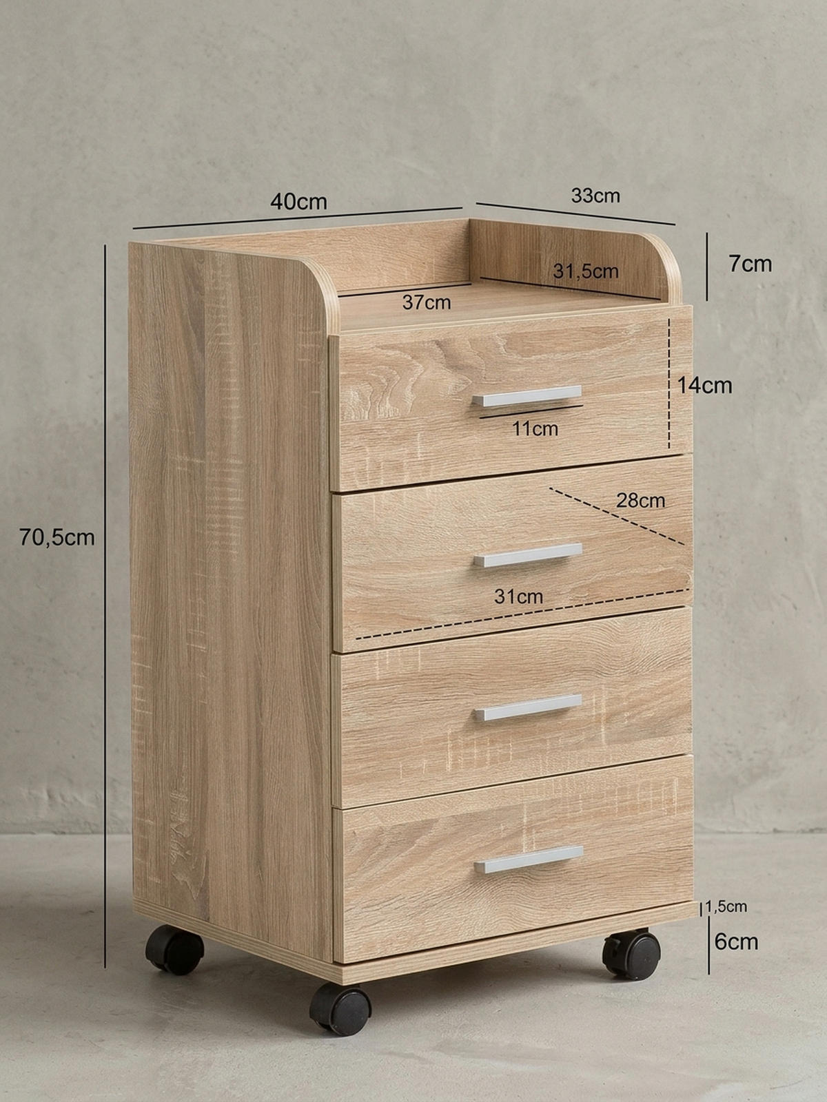 ROLLCONTAINER 4 Schubladen Ablage Melaminbeschichtet ISONZO, Beige 40x33x71 cm - Beige/Schwarz, Holz/Kunststoff (40/71/33cm) - KADIMA DESIGN