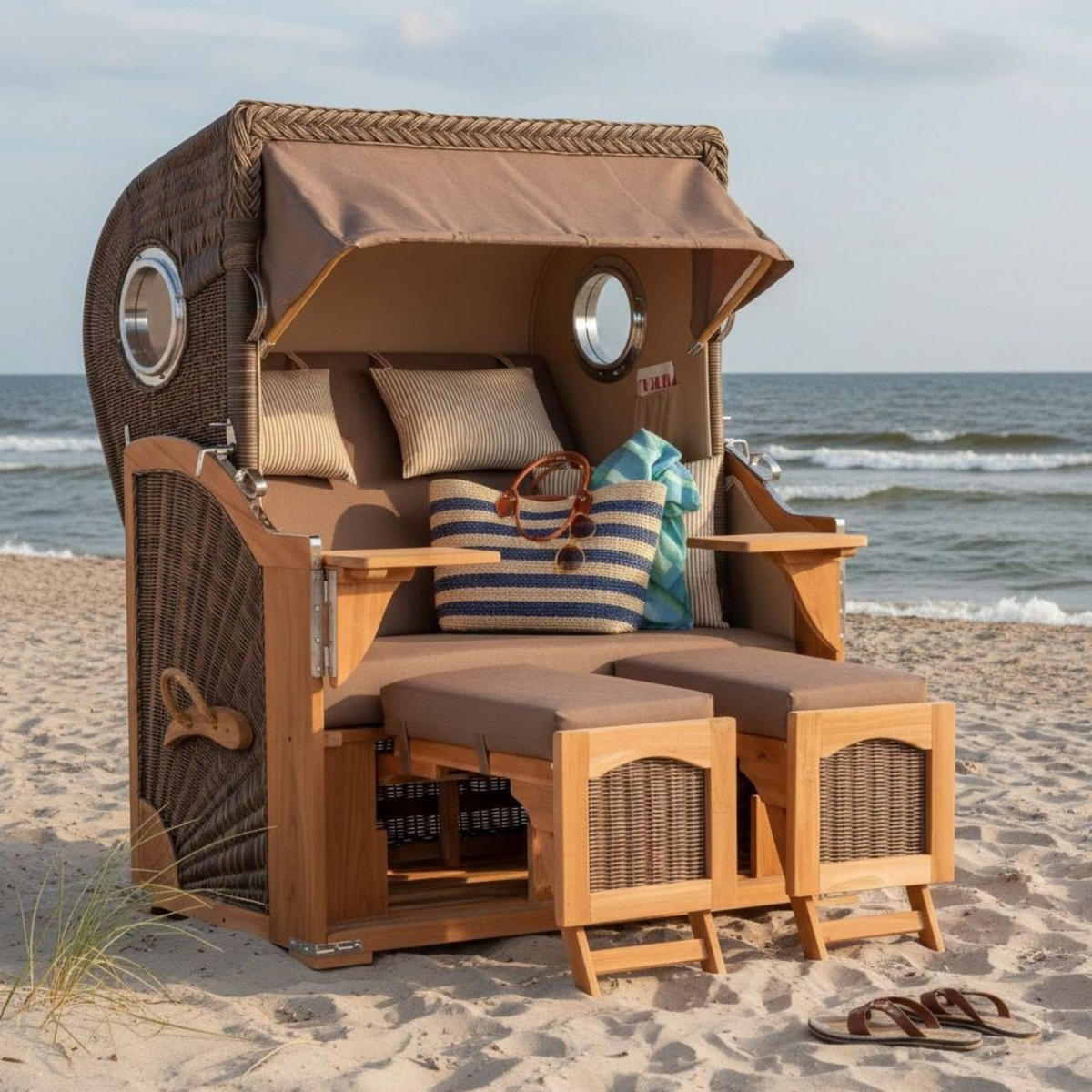 STRANDKORB Düne 2 Sitzer Teak PE Grey - Taupe/Braun, Holz/Metall (125/170/80cm) - Mr. Deko