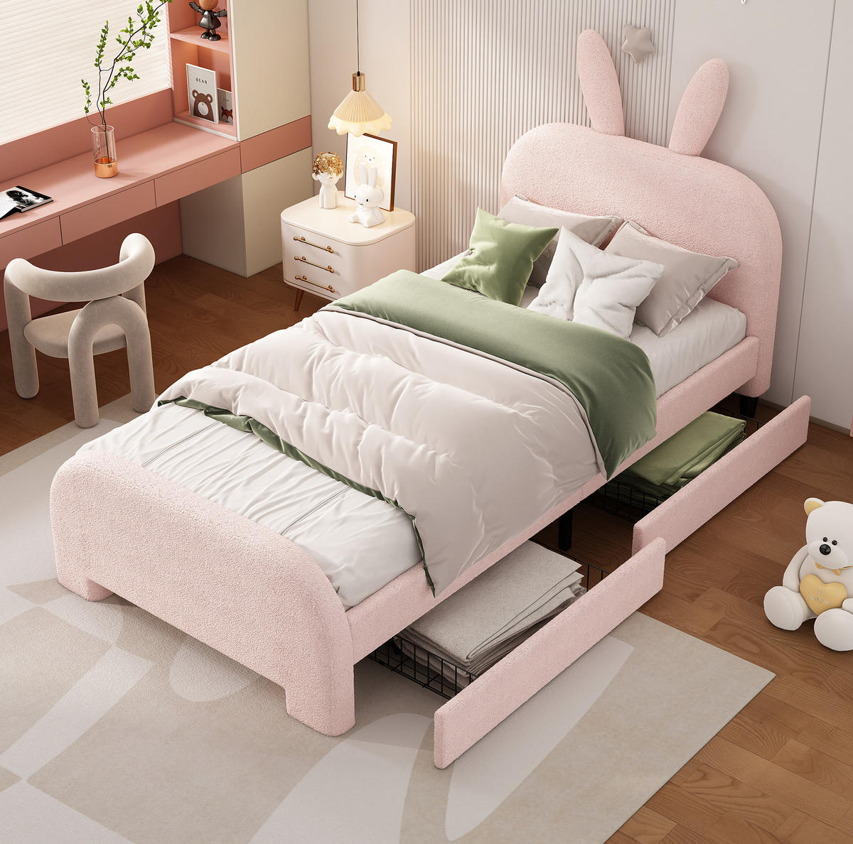 BETT 90/200 cm in Rosa mit Kaninchen-Kopfteil & 2 Schubladen - Rosa, Textil (90/200cm) - BEAOK