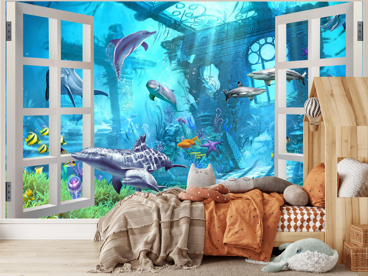 FOTOTAPETE für Schlafzimmer Fenster Unterwasserwelt Delfine Riff 300x210 - Blau/Weiß, Papier (300/210cm) - Muralo