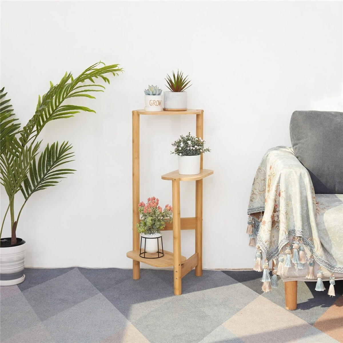 PFLANZENREGAL 3-Tier Bambus für Ecke Balkon und Schlafzimmer, Holz - Naturfarben, Holzwerkstoff (30.48/75/27.4cm) - Kaket