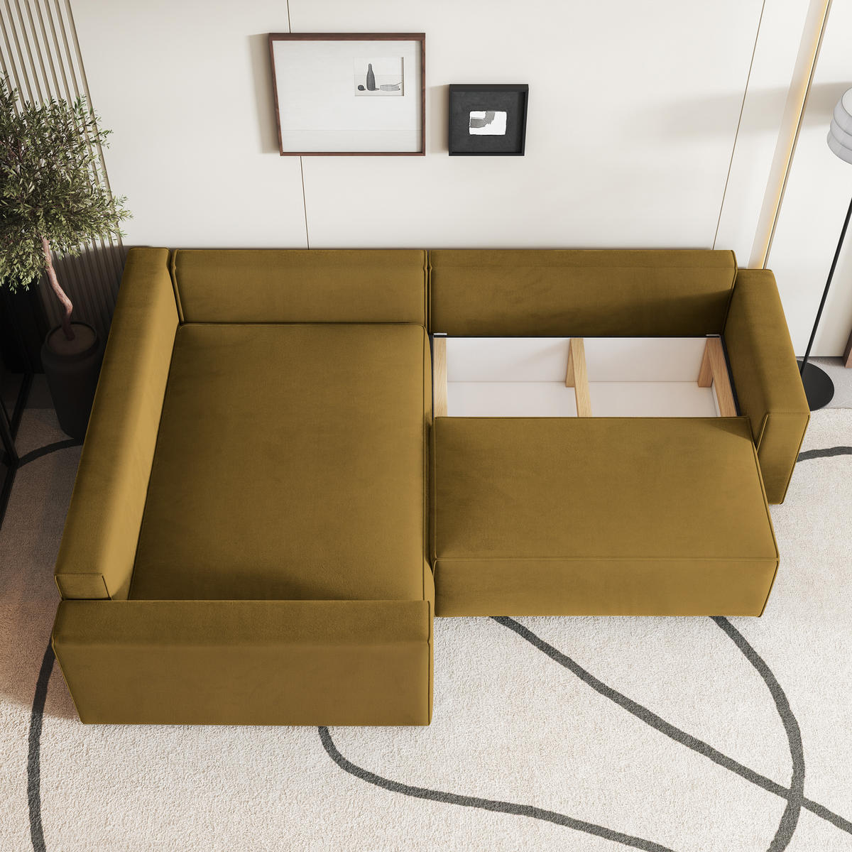 ECKSOFA ERONIS L-S Gelb Velours-Stoff mit Schlaffunktion - Gelb, Holz (265/194cm) - MASSENO