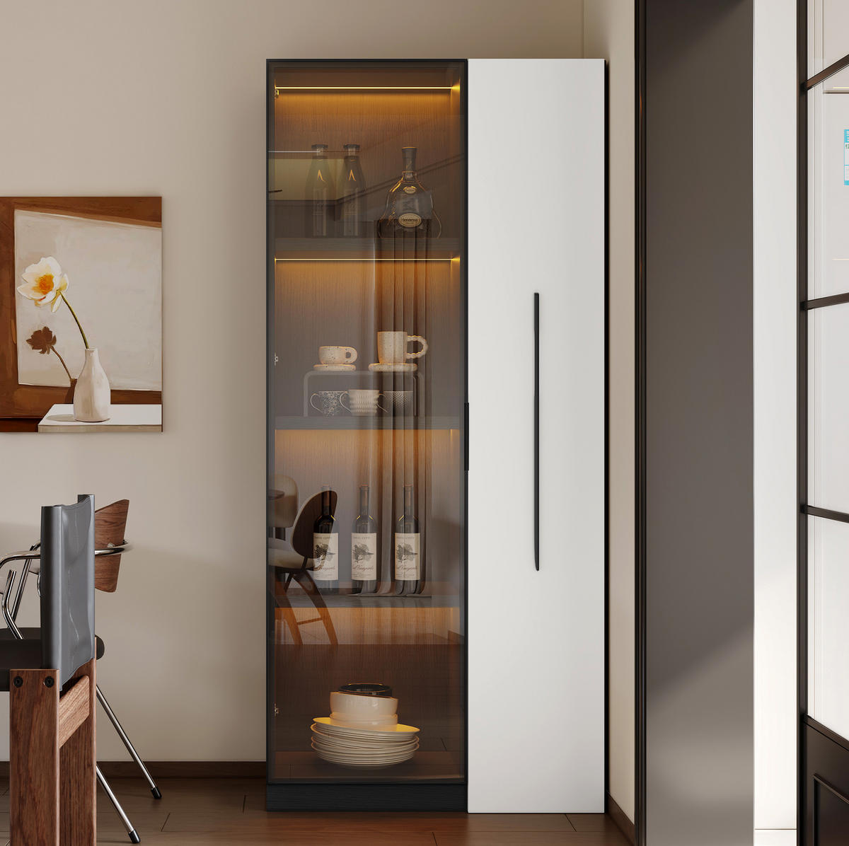 VITRÍNA z MDF 70x40x160 cm černo-bílá s LED osvětlením, bočním výsuvem a skleněnou přední částí - černá, kompozitní dřevo (70/160/40cm) - Modfu