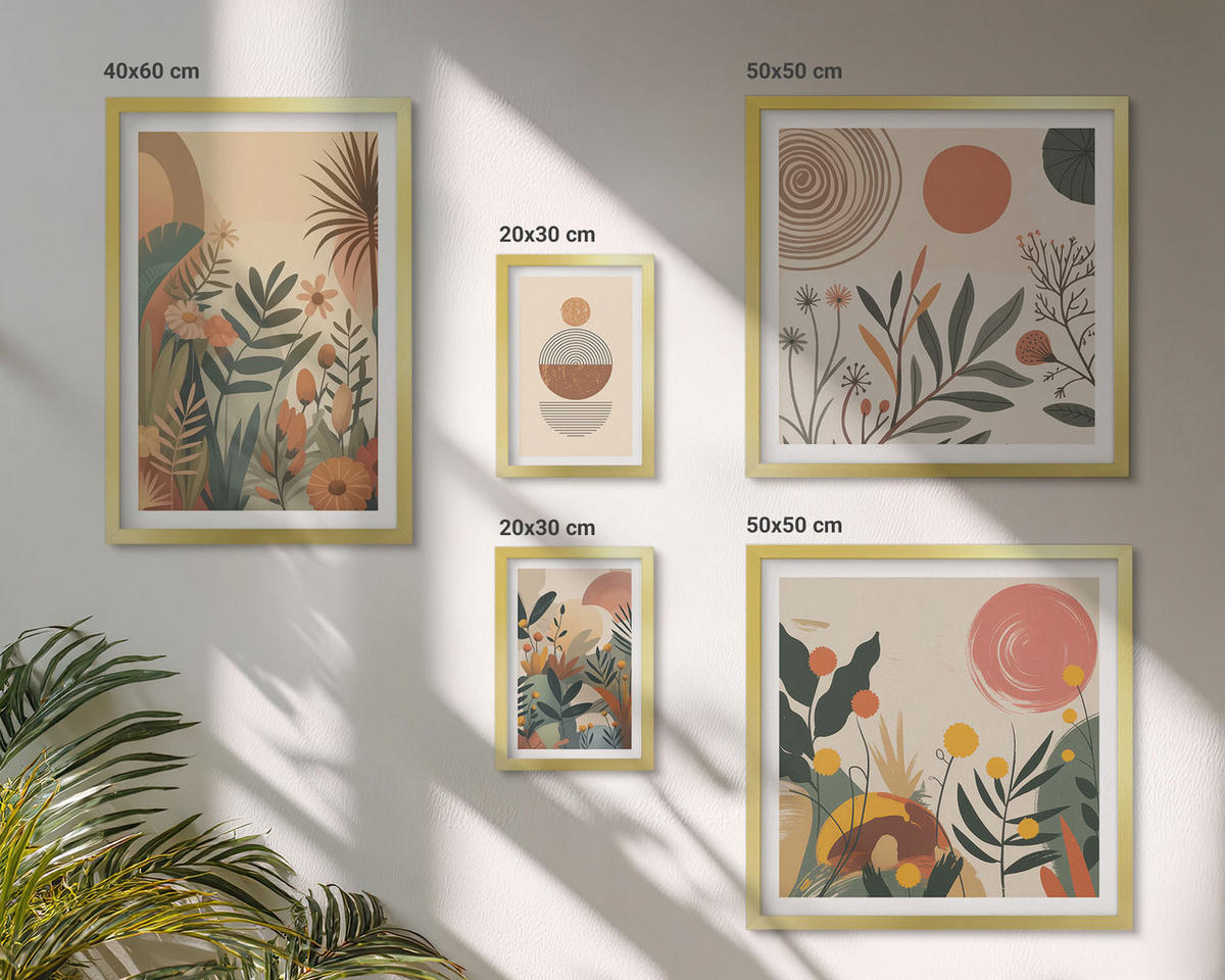 BILDER SET 5er Set - 50x50 cm & 20x30 cm & 40x60 cm Goldrahmen - Zitronenzweige mit blauen Blättern - Goldfarben, Kunststoff (40/60cm) - TULUP