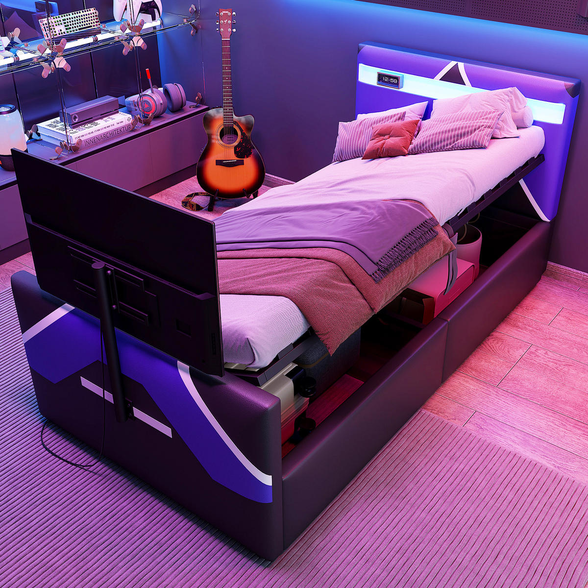 POLSTERBETT 90/200 cm Schwarz mit LED-Beleuchtung und TV-Halterung mit Stauraum - Blau/Schwarz, Kunststoff (90/200cm) - OKWISH