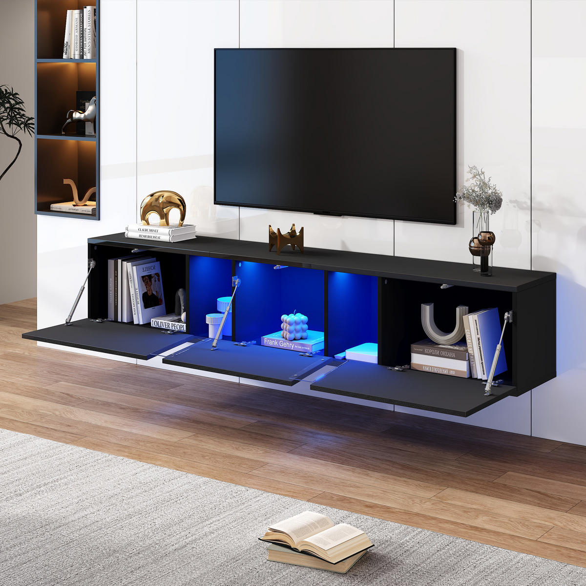 TV-SCHRANK schwarz aus Spanplatte mit Hochglanzfront, Acryl und App-gesteuerter USB-LED 180 × 35 × 30 cm - Schwarz, Holzwerkstoff (180/30/35cm) - Luhomfu