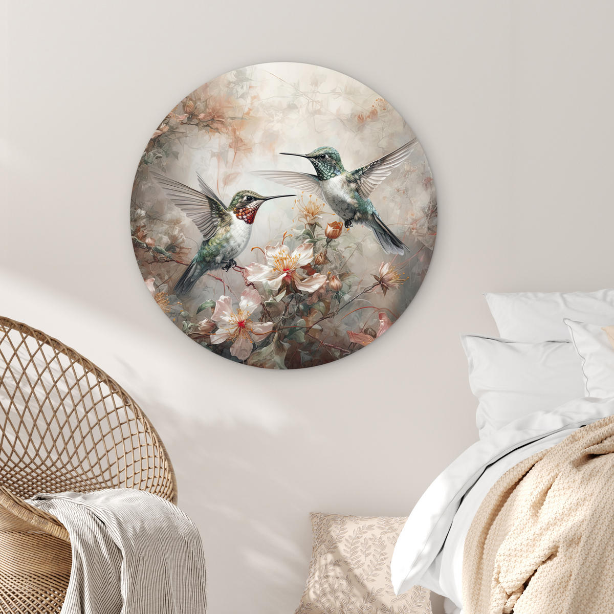WANDBILD Kolibri - Vögel - Blumen - Pflanzen 90x90 cm - Hellgrün, Kunststoff (90/90cm) - MuchoWow