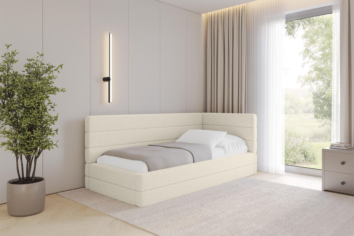 EINZELLBETT Jugendbett mit Bettkasten, Links - BEMY 90x200 Beige - Champagner, Holzwerkstoff/Textil (90/200cm) - ALTDECOR