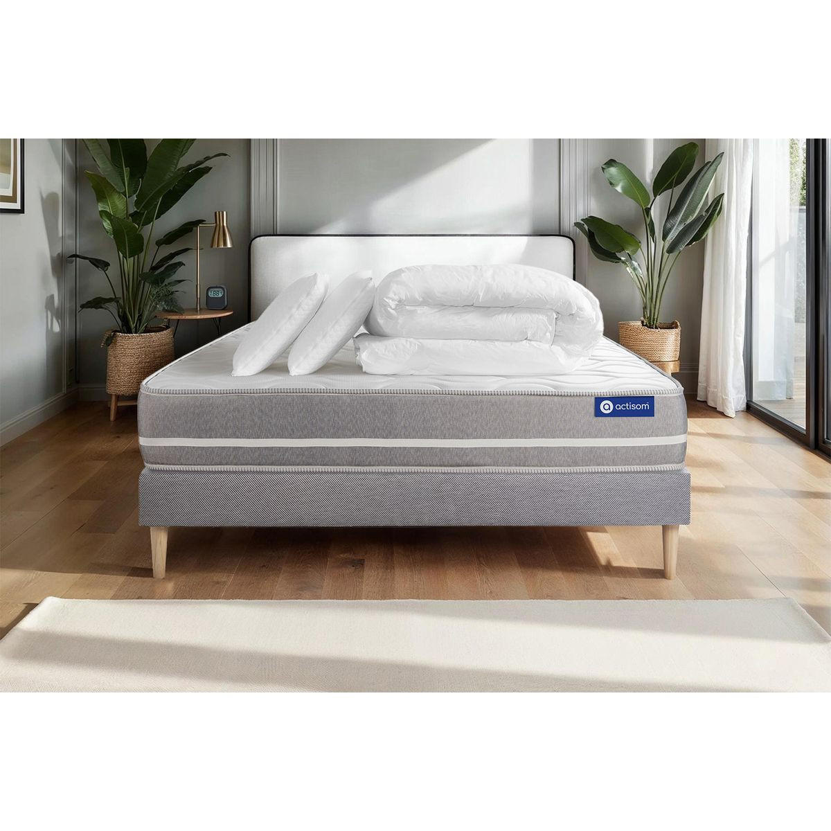BETT Actiflex touch Taschenfederkern 180 x 200 cm h1 - Kit Bettgestell Grau - Mit Kissen und Bettdecke - Beige/Grau, Karton/Holz (180/200cm) - ACTISOM