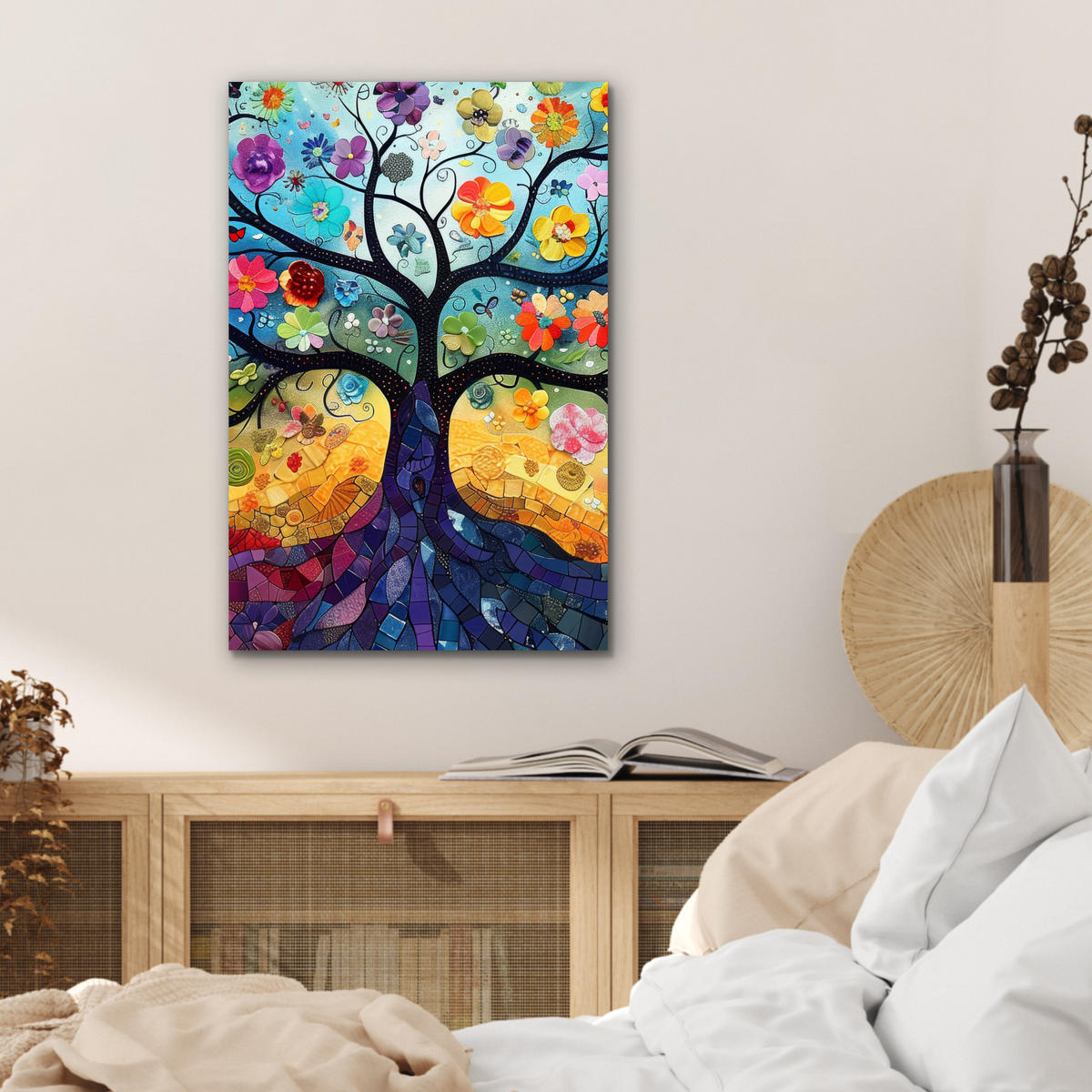 METALLBILD Kunst - Baum des Lebens - Blumen - Hippie 40x60 cm - Dunkelblau, Metall (40/60cm) - MuchoWow