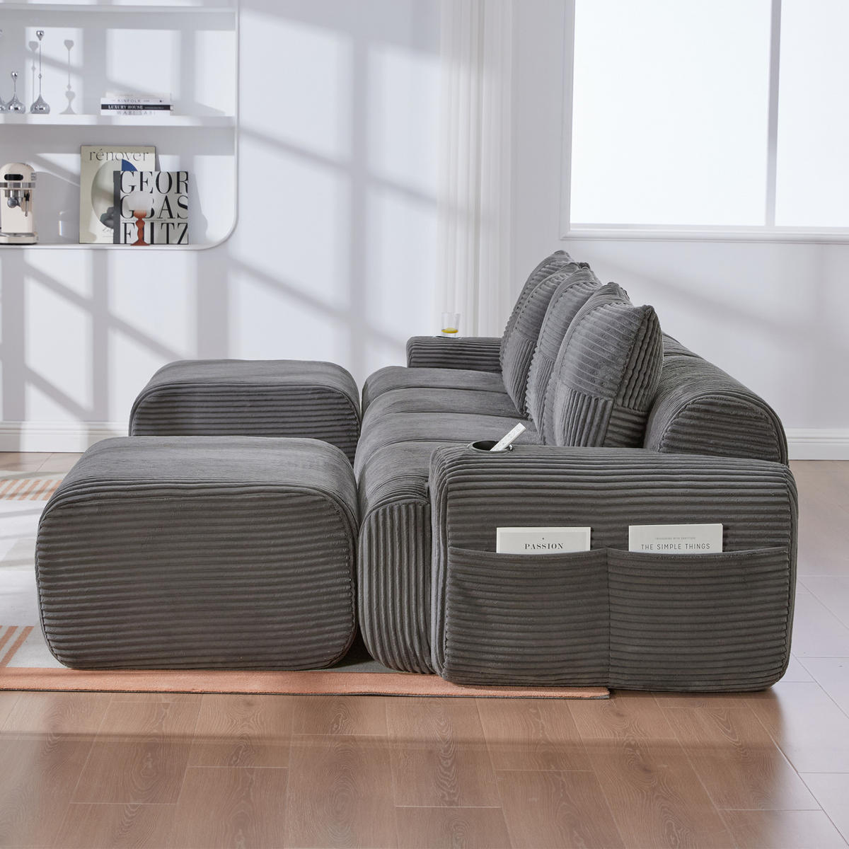 WOHNLANDSCHAFT modular 4-Sitzer mit 2 Hockern 333 x 174 cm Cord Dark Gray - Dunkelgrau, Kunststoff (174/80/333cm) - Meubliv