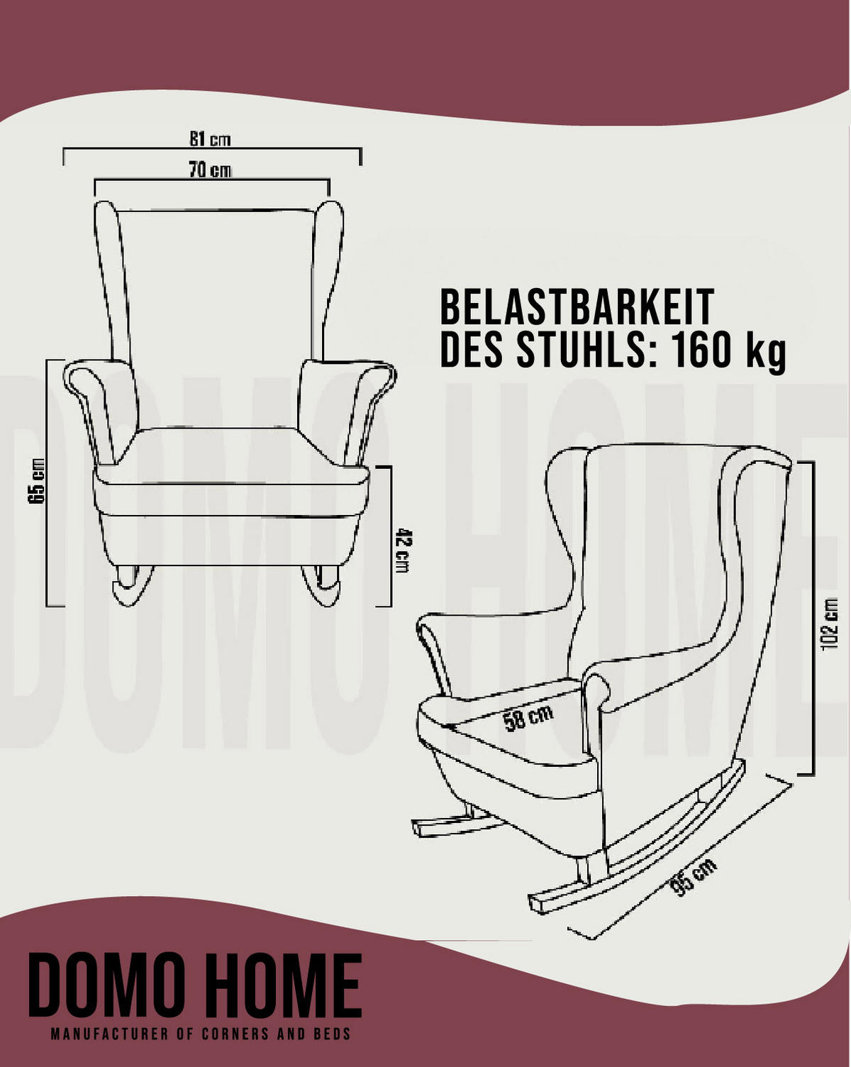 SCHAUKELSESSEL mit gepolstertem Sitz und Armlehnen, 102x81x95 cm, Burgunderrot_29835 - Bordeaux/Braun, Holz/Textil (81/102/95cm) - DomoHome