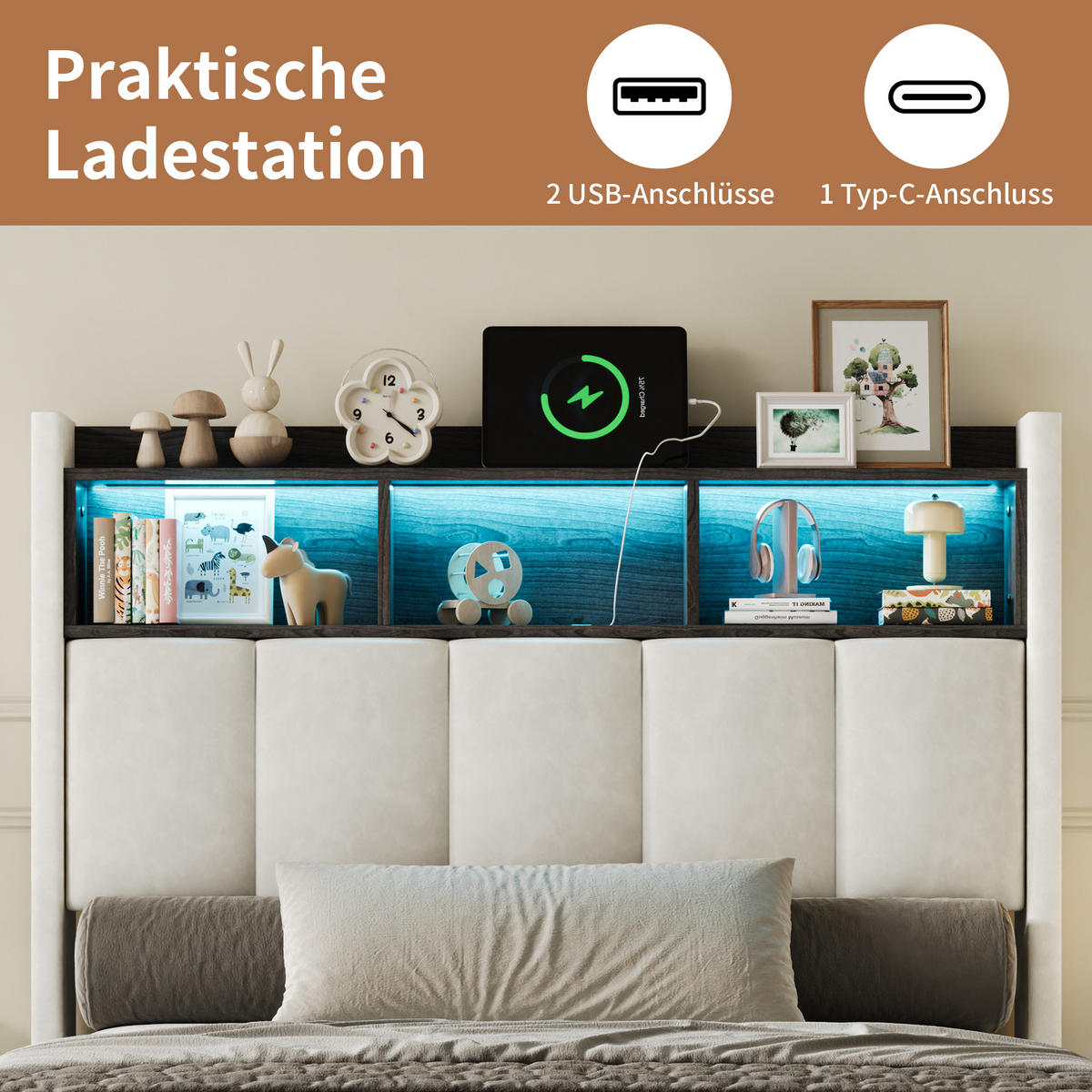 POLSTERBETT 90/200 cm Weiß mit hydraulischem Stauraum, LED-Kopfteil mit Ablage und USB-Anschluss - Weiß, Metall (90/200cm) - EuroLiving