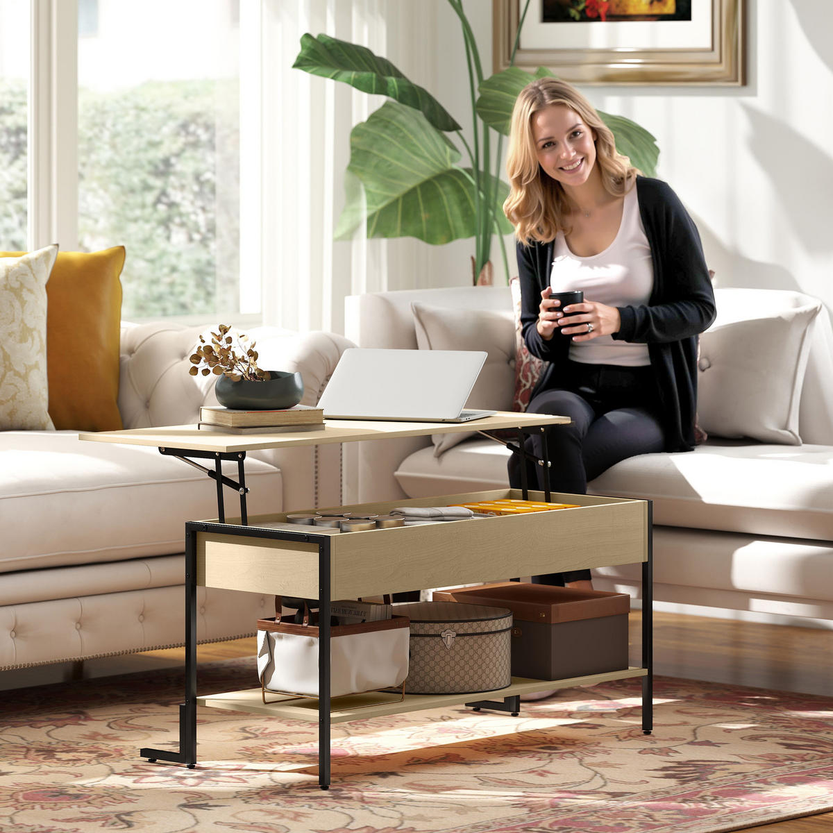 COUCHTISCH DE-15791 klappbare Platte mit Stauraum Naturholz - Naturfarben, Holzwerkstoff (95/40/59cm) - ComfortXL