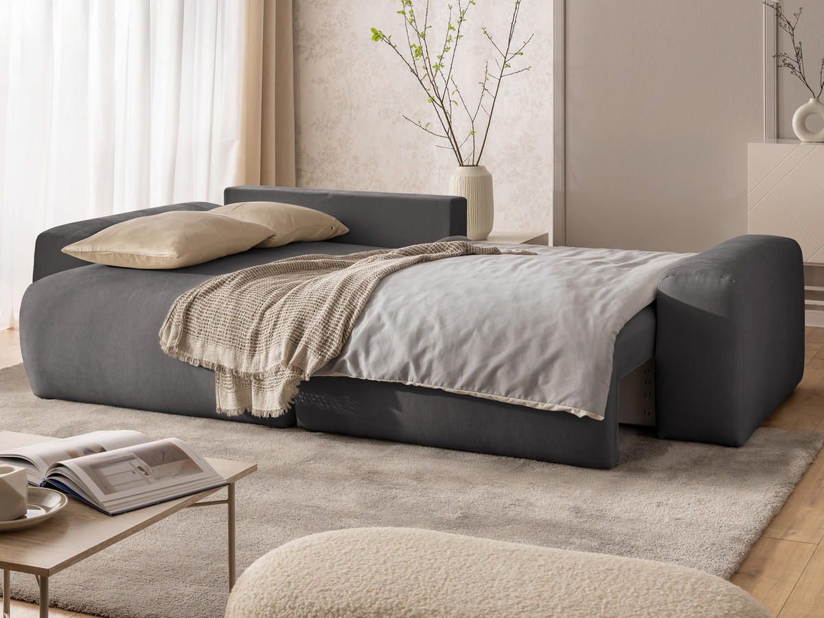 ECKSOFA Puffy mit Schlaffunktion und Bettkasten - besonders weich und puffig aus Taupe Webstoff - Ottomane links - Taupe/Schwarz, Holz/Kunststoff (138/266cm) - S-Style Möbel