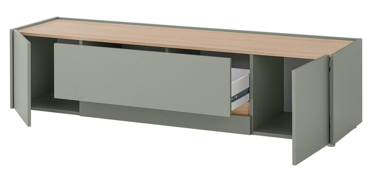 TV-LOWBOARD in Salbei grün, Barista Eiche 170 cm, TV Unterteil mit Doppel-Schubkasten - Salbeigrün/Eichefarben, Holzwerkstoff/Kunststoff (170/40/45cm) - Furn.Design