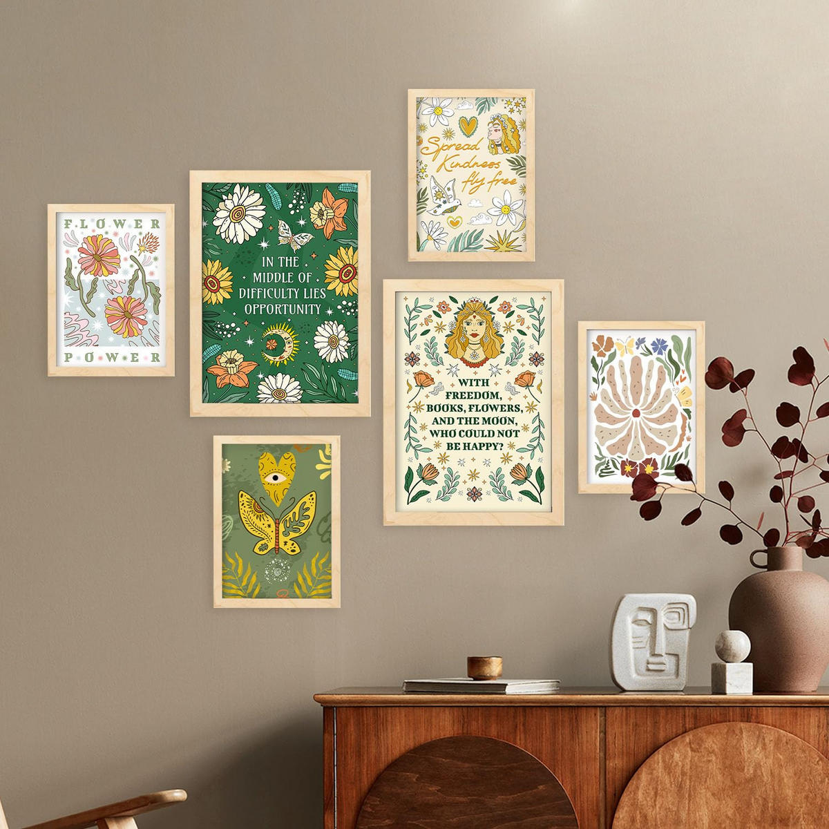 POSTER Set Mit 6 Drucken Mit Freundlichkeit In Der Brillanten Groovy Dekorative Rahmen Für Ihr Zuhause Wandkunstdruck A3 & A4 Rahmen Aus Hellem Holz - Beige, Papier (29/3cm) - Nacnic