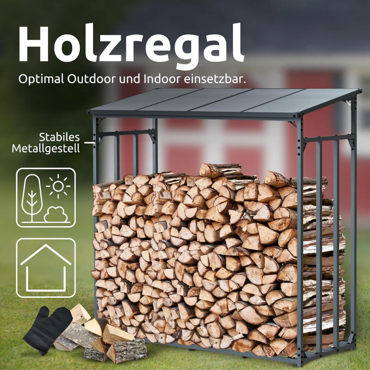 KAMINHOLZREGAL Außen mit Dach ELOS 182x70x185 cminkl. Ofenhandschuh - Anthrazit, Metall (182/185/70cm) - DELUKE