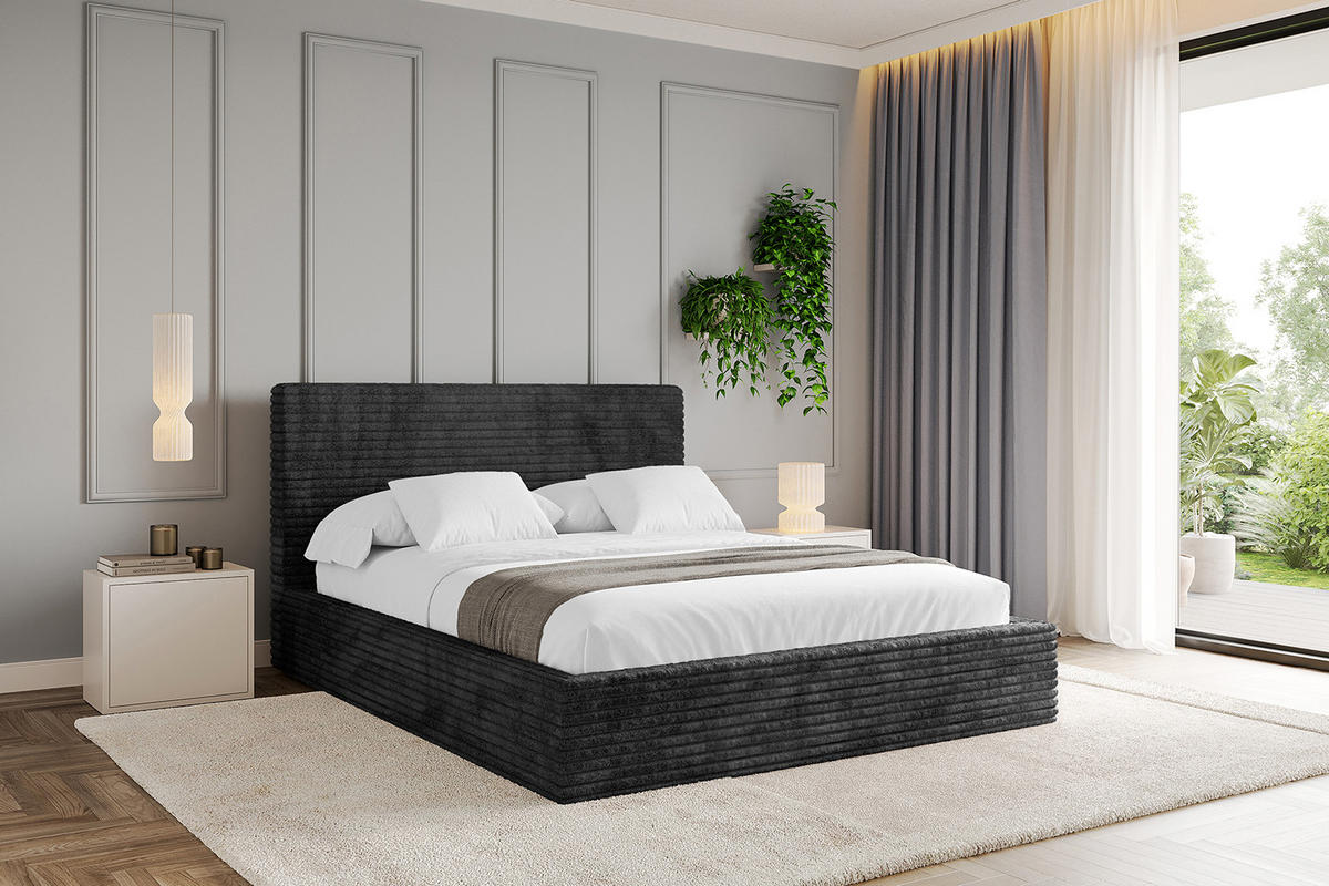 POLSTERBETT mit Bettkasten und Lattenrost, Bett mit Matratze H3/H4 - ALOVA - Schwarz, Holzwerkstoff/Textil (160/200cm) - ALTDECOR