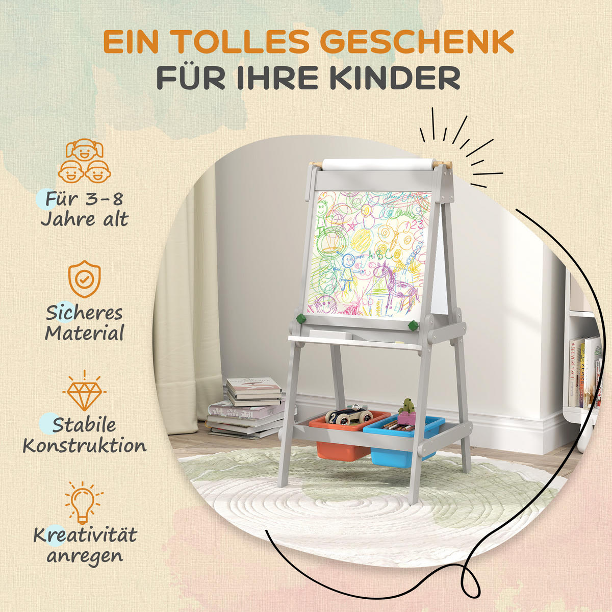 3-IN-1 Kindertafel, doppelseitige Kinder Staffelei mit Kreidetafel, Whiteboard - Grau, Holzwerkstoff (50/108/51cm) - AIYAPLAY