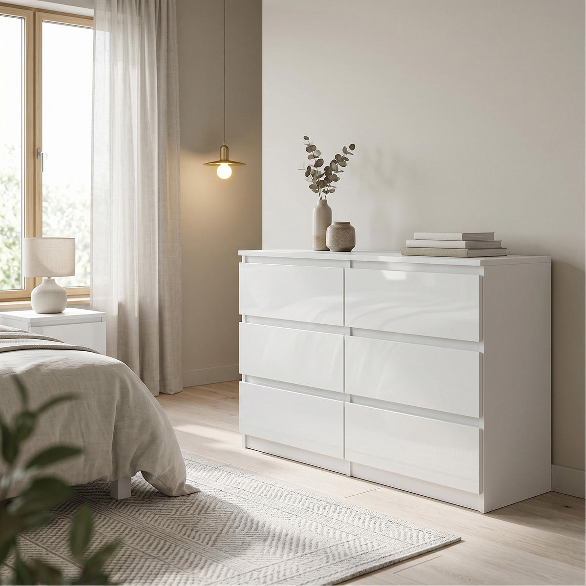 KOMMODE NUDO 138,5/78,5/39cm mit 6 Schubladen Türen Weiß - Weiß Hochglanz/Weiß, Holzwerkstoff (138.5/78.5/39cm) - MASSENO