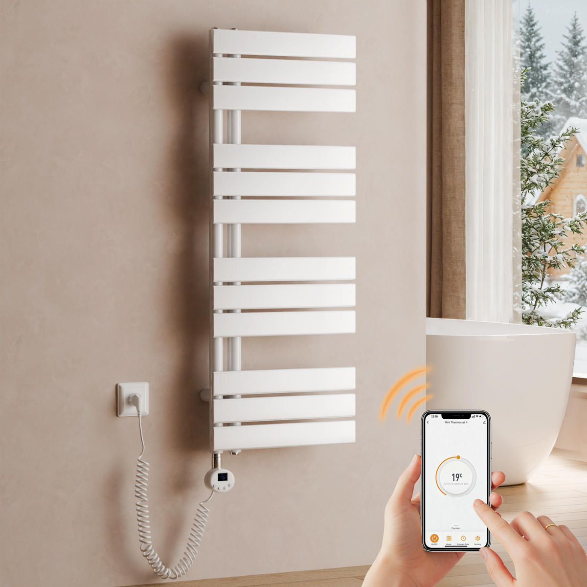 HANDTUCHHEIZKÖRPER 104,1/40 cm weiß elektrisch 400 W mit WLAN-Thermostat - Weiß, Metall (40/104/5.9cm) - S'AFIELINA