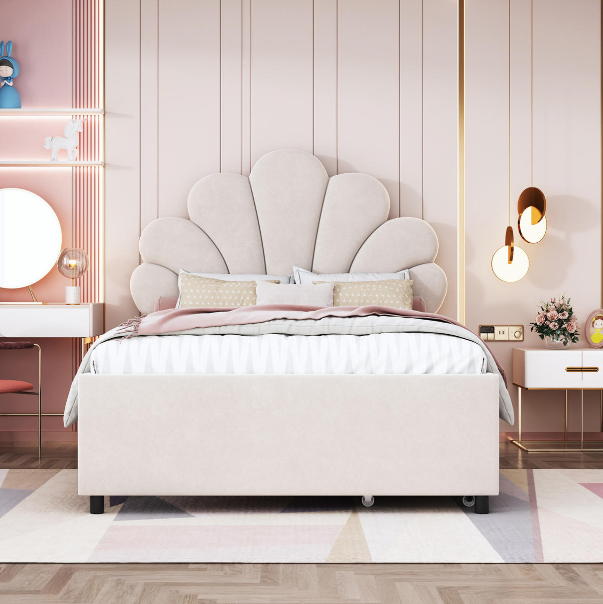 TAPECIRANI dječji krevet 90/200 cm bež od baršuna s 2 ladice i podnicom - bež, tekstil (90/200cm) - OKWISH