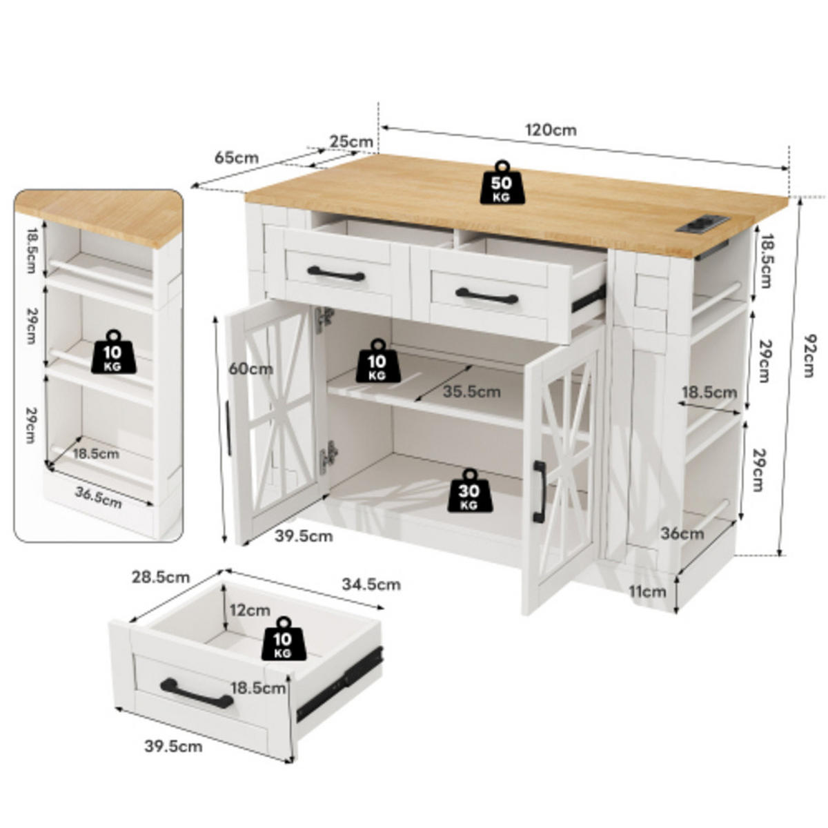 KÜCHENINSEL weiß-Neutral aus MDF mit klappbarer Erweiterungsplatte, Steckdosen und Laufrollen 120 × 40(65) × 92 cm - Weiß, Holzwerkstoff (120/92/65cm) - Luhomfu