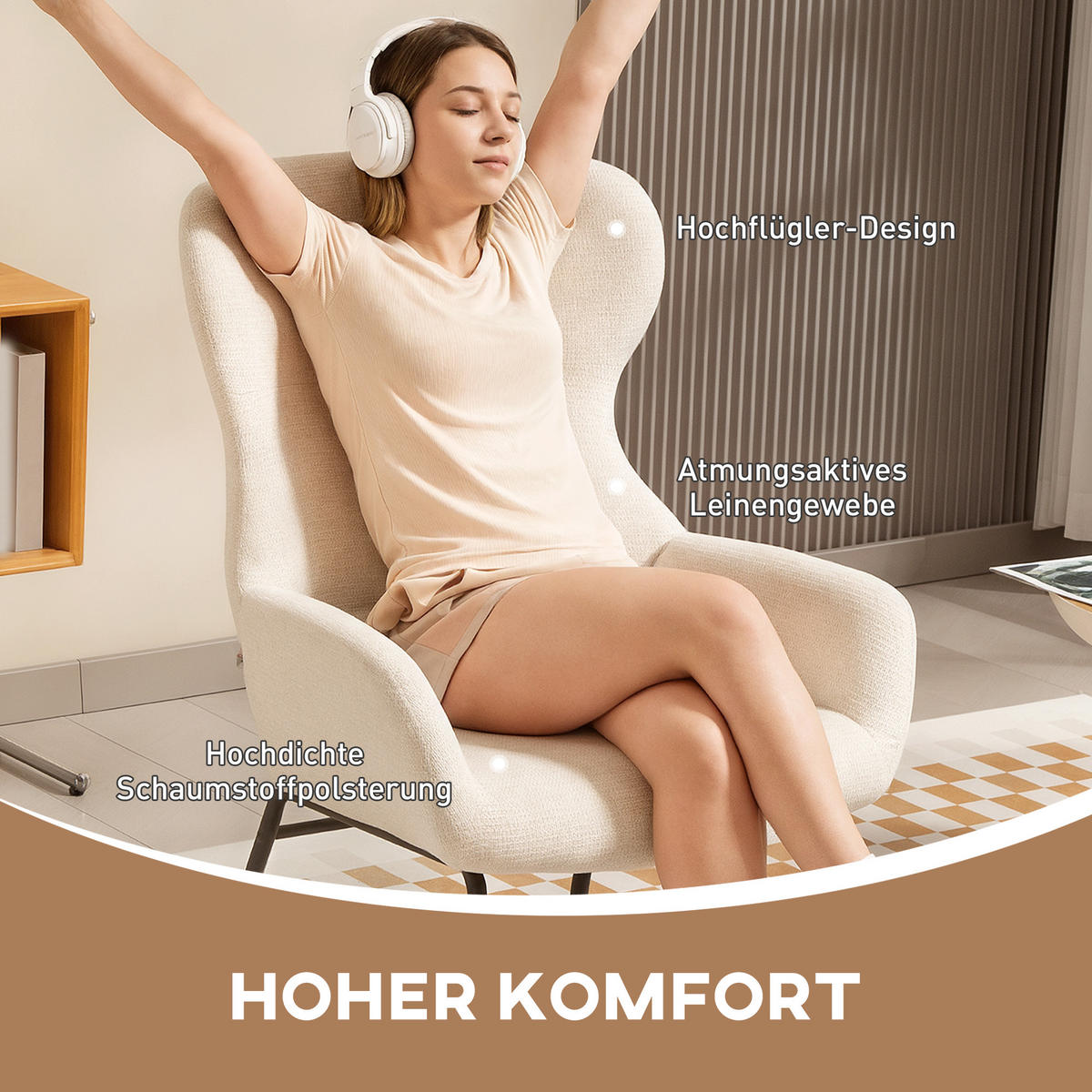 OHRENSESSEL Wohnzimmer Sessel Loungesessel Relaxsessel mit hoher Rückenlehne - Creme/Schwarz, Textil/Metall (70/103.5/74.5cm) - HOMCOM