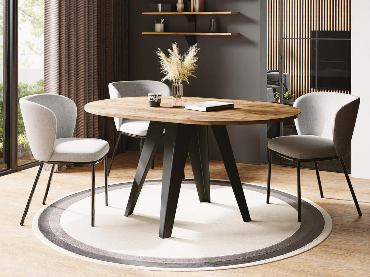 ESSTISCH Glory runder ausziehbarer, Craft Eiche 100-140/100/76 cm - Eiche Wotan/Schwarz, Holzwerkstoff/Metall (100/100/76cm) - WFL GROUP